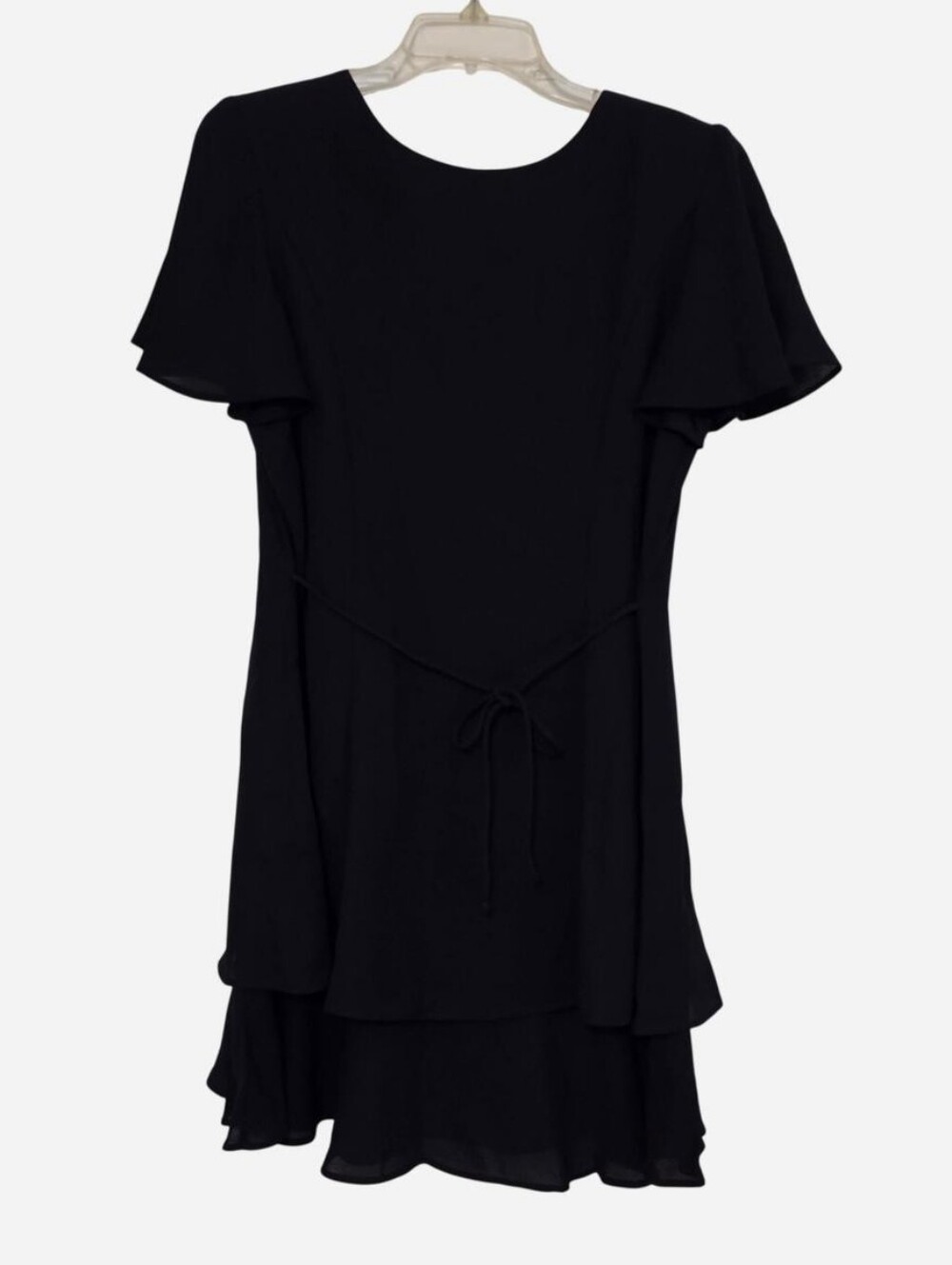 Asymmetrical Navy Tie-Waist Flutter-Sleeve Dress